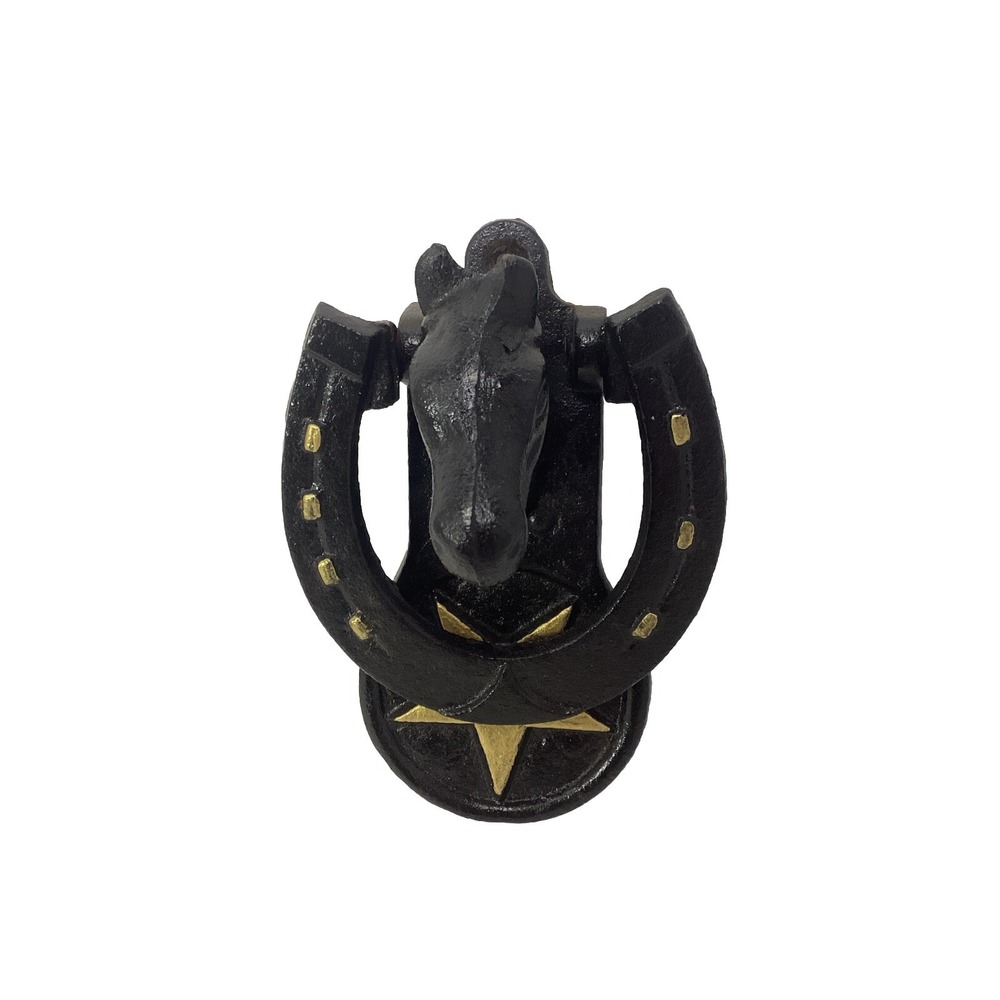 Vintage Cast Iron Metal Horse Head Horseshoe Doorknocker Western
